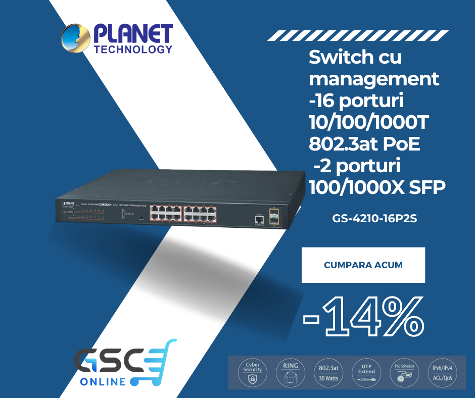 16-Port 10/100/1000T 802.3at PoE + 2-Port 100/1000X SFP Managed Switch GS-4210-16P2S