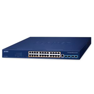 Layer 3 24-Port 10/100/1000T 802.3at PoE + 4-Port 10G SFP+ Managed Ethernet Switch (720 Watts PoE budget, hardware-based Layer 3 RIPv1/v2, OSPFv2 dynamic routing, ERPS Ring, PoE PD alive check and schedule management, supports PLANET NMS Controller MQTT)