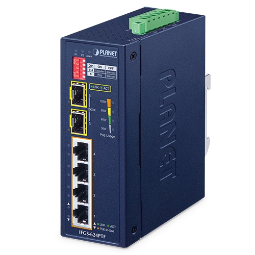 IP40 Industrial 4-Port 10/100BASE-TX 802.3at PoE + 2-Port 1000BASE-X SFP Ring Ethernet Switch IFGS-624PTF