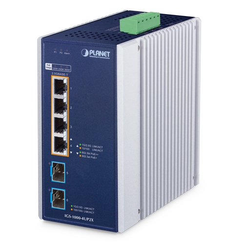 IP30 Industrial 4-Port 10/100/1000/2500T 802.3bt PoE + 2-Port 10G SFP+ Ethernet Switch IGS-1000-4UP2X