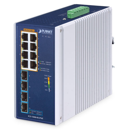 IP30 Industrial 8-Port 10/100/1000T 802.3bt PoE + 4-Port 10G SFP+ Ethernet Switch IGS-1000-8UP4X