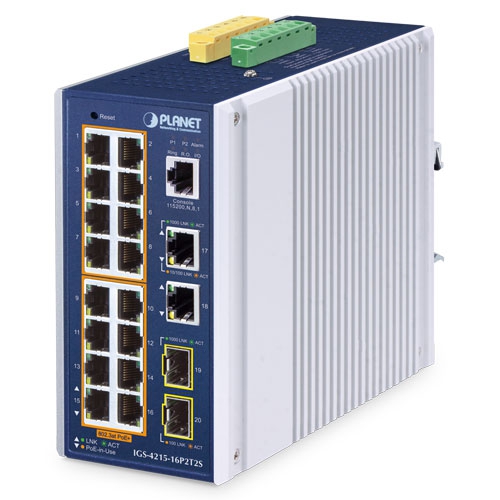 IP30 Industrial L2/L4 16-Port 10/100/1000T 802.3at PoE + 2-Port 10/100/1000T + 2-Port 100/1000X SFP Managed Switch IGS-4215-16P2T2S