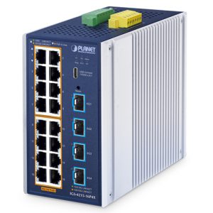 IP30 Industrial L2+ 16-Port 10/100/1000T 802.3at PoE + 4-Port 10G SFP+ Managed Switch (-40~75 degrees C, 360W PoE budget, 802.3at/Legacy/Force modes, PoE PD alive check and schedule management, 250m Extend mode, dual redundant power input on 48~54VDC terminal block, DIDO, Type-C console port, 802.1Q VLAN, IGMP Snooping, TLSv1.2, SSHv2, SNMPv3 Cybersecurity, ACL, ERPS Ring, CloudViewerPro app, NMSViewerPro app and NMS MQTT, supports 100FX, 1000X, 2.5G SFP and 10G SFP+)
