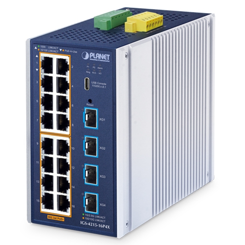 IP30 Industrial L2+ 16-Port 10/100/1000T 802.3at PoE + 4-Port 10G SFP+ Managed Switch (-40~75 degrees C, 360W PoE budget, 802.3at/Legacy/Force modes, PoE PD alive check and schedule management, 250m Extend mode, dual redundant power input on 48~54VDC terminal block, DIDO, Type-C console port, 802.1Q VLAN, IGMP Snooping, TLSv1.2, SSHv2, SNMPv3 Cybersecurity, ACL, ERPS Ring, CloudViewerPro app, NMSViewerPro app and NMS MQTT, supports 100FX, 1000X, 2.5G SFP and 10G SFP+)