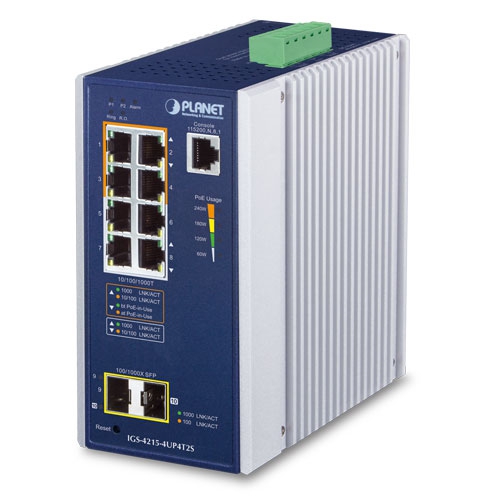 IP30 Industrial L2/L4 4-Port 10/100/1000T 802.3bt PoE + 4-Port 10/100/1000T + 2-Port 100/1000X SFP Managed Switch IGS-4215-4UP4T2S
