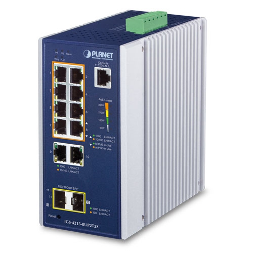 IP30 Industrial L2/L4 8-Port 10/100/1000T 802.3bt PoE + 2-Port 10/100/1000T + 2-Port 100/1000X SFP Managed Switch IGS-4215-8UP2T2S