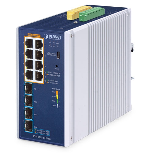 IP30 Industrial L2/L4 8-Port 10/100/1000T 802.3bt PoE + 4-Port 10G SFP+ Managed Switch IGS-4215-8UP4X