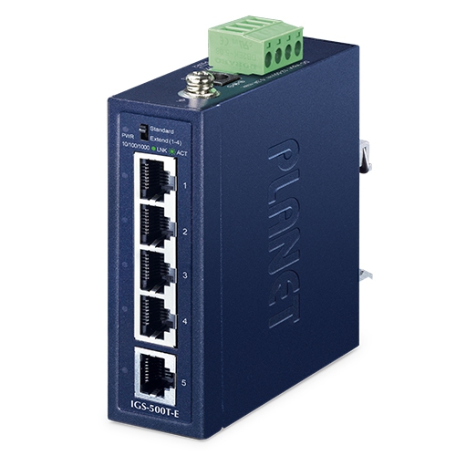 IP40 Compact size 5-Port 10/100/1000T Gigabit Ethernet Switch (-40~75 degrees C, redundant power input on dual 12~55V DC terminal block and one DC jack, 250m Extend mode)