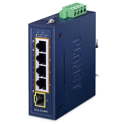 IP30 Compact size 4-Port 10/100/1000T 802.3at PoE + 1-Port 100/1000X SFP Gigabit Ethernet Switch IGS-514PT