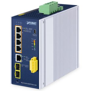 IP30 Industrial L2+ 4-Port 10/100/1000T 802.3bt PoE + 1-Port 10/100/1000T + 2-Port 1G/2.5G SFP Managed Switch w/ 12V Booster IGS-5225-4UP1T2S-12V