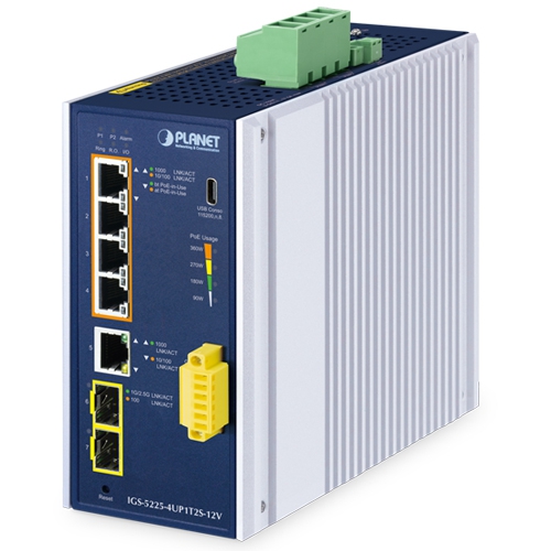 IP30 Industrial L2+ 4-Port 10/100/1000T 802.3bt PoE + 1-Port 10/100/1000T + 2-Port 1G/2.5G SFP Managed Switch w/ 12V Booster IGS-5225-4UP1T2S-12V