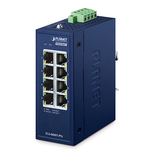 IP30 Compact size Industrial 8-Port 10/100/1000T PROFINET Switch (-40~75 degrees C, dual 9~48V DC/24V AC, Low power consumption, Compliant with PROFINET Conformance Class A)