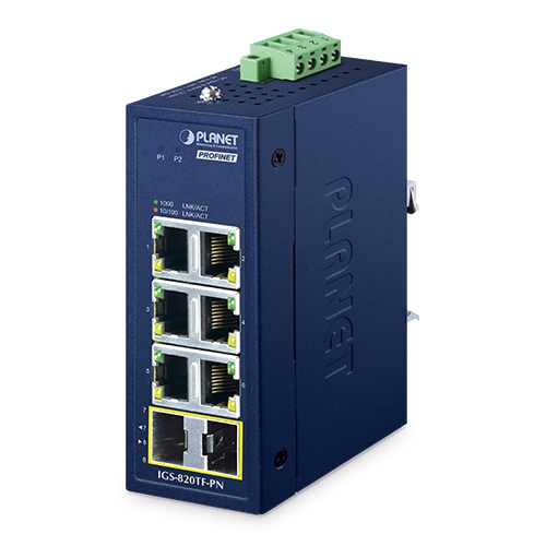 IP30 Compact size Industrial 6-Port 10/100/1000T + 2-Port 100/1000X SFP PROFINET Switch (-40~75 degrees C, dual 9~48V DC/24V AC, Low power consumption, Compliant with PROFINET Conformance Class A)