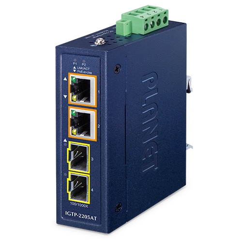 IP30 Compact size 2-Port 100/1000X SFP + 2-Port 10/100/1000T 802.3at PoE+ Media Converter IGTP-2205AT