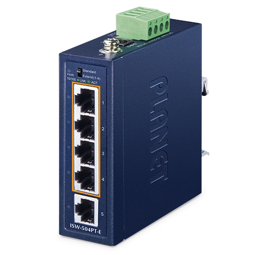 IP40 Compact size Industrial 4-Port 10/100TX 802.3at PoE + 1-Port 10/100TX Fast Ethernet Switch (-40~75 degrees C, redundant power input on dual 48~55V DC terminal block and one DC jack, 120W PoE budget, Low power consumption, 250m Extend mode)