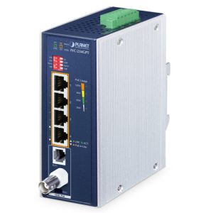 IP30 Industrial 4-Port 10/100/1000T 802.3at PoE+ to VDSL2 Extender -35b/30a profile w/ supervectoring and G.vectoring, up to 300/100Mbps bandwidth, 1-Port  BNC, 1-Port RJ11, CO/CPE, Symmetric/Asymmetric mode via DIP switch, -40 to 75 degree C, dual 12~54V DC power boost, up to 120W PoE budget