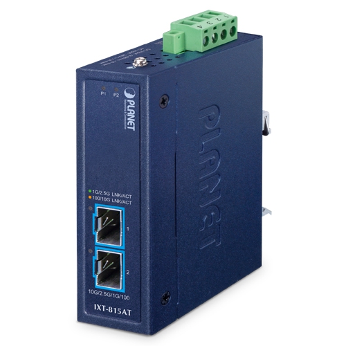 IP30 Compact size Industrial 2-Port 10G/2.5G/1G/100BASE-X SFP+ Media Converter (-40 to 75 degree C, dual 9~48V DC/24V AC, Auto-detection of SFP/SFP+ module speed, plug and play)