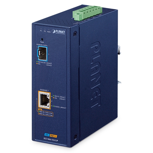 IP40 Industrial 1-Port 10G/1GBASE-X SFP+ + 1-Port 10G/5G/2.5G/1G/100BASE-T 802.3bt PoE++ Managed Media Converter IXT-900-1X1UP