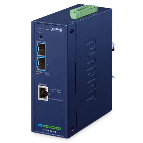 IP40 Industrial 2-Port 10G/1GBASE-X SFP+ + 1-Port 10G/5G/2.5G/1G/100BASE-T PoE PD Managed Media Converter IXT-900-2X1PD