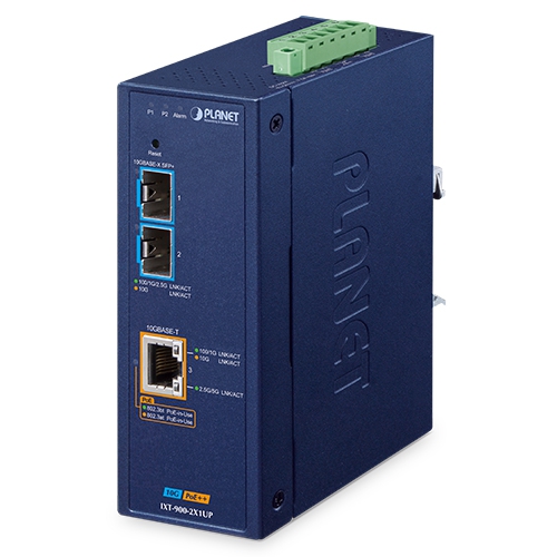 IP40 Industrial 2-Port 10G/1GBASE-X SFP+ + 1-Port 10G/5G/2.5G/1G/100BASE-T 802.3bt PoE++ Managed Media Converter IXT-900-2X1UP