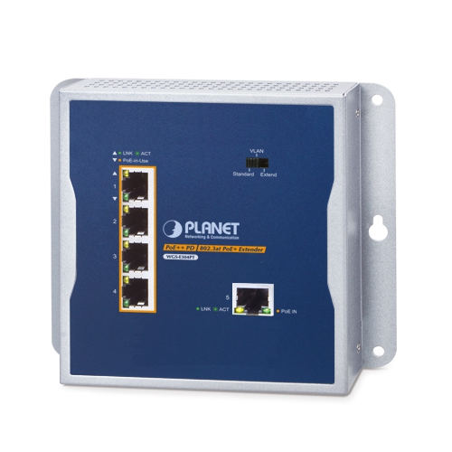 IP30 Industrial 1-Port 95W 802.3bt PoE++ to 4-Port 802.3at PoE+ Wall-mounted Extender WGS-E304PT