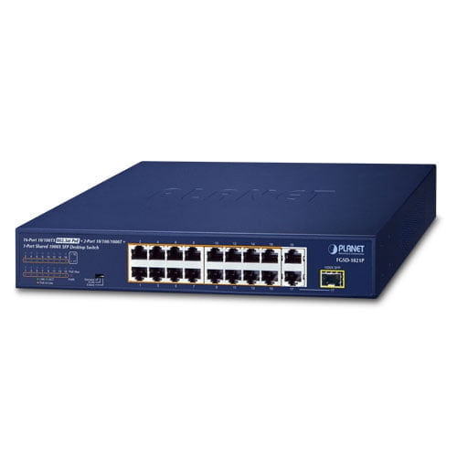 16-Port 10/100TX 802.3at PoE + 2-Port 10/100/1000T + 1-Port Shared 1000X SFP Desktop Switch (185 Watts) FGSD-1821P