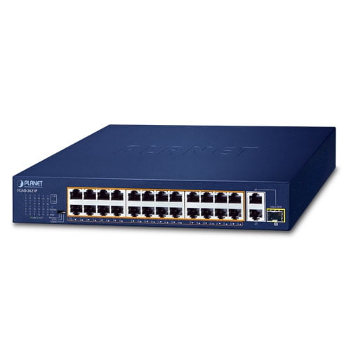 24-Port 10/100TX 802.3at PoE + 2-Port 10/100/1000T + 1-Port Shared 1000X SFP Desktop Switch (185 Watts) FGSD-2621P
