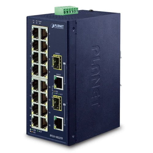 Industrial 16-Port 10/100TX + 2-Port Gigabit TP/SFP Combo Ethernet Switch (-40~75 degrees C) IFGS-1822TF