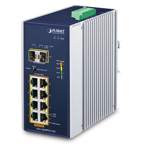 Industrial 8-Port 10/100/1000T 802.3at PoE + 2-Port 100/1000X SFP Ethernet Switch w/ 12V Booster (-40~75 degrees C) IGS-1020PTF-12V
