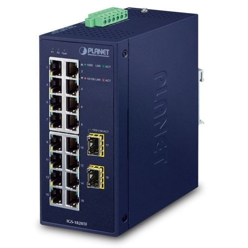 Industrial 16-Port 10/100/1000T + 2-Port 1000X SFP Ethernet Switch IGS-1820TF