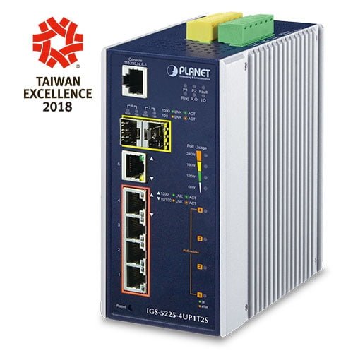 Industrial L2+ 4-Port 10/100/1000T 802.3bt PoE + 1-Port 10/100/1000T + 2-Port 100/1000X SFP Managed Switch IGS-5225-4UP1T2S