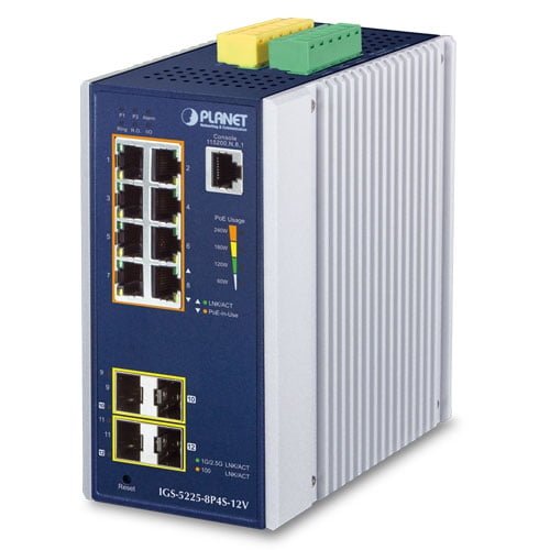 Industrial L2+ 8-Port 10/100/1000T 802.3at PoE + 2-Port 100/1G SFP + 2-Port 100/1G/2.5G SFP Managed Ethernet Switch w/ 12V Booster IGS-5225-8P4S-12V
