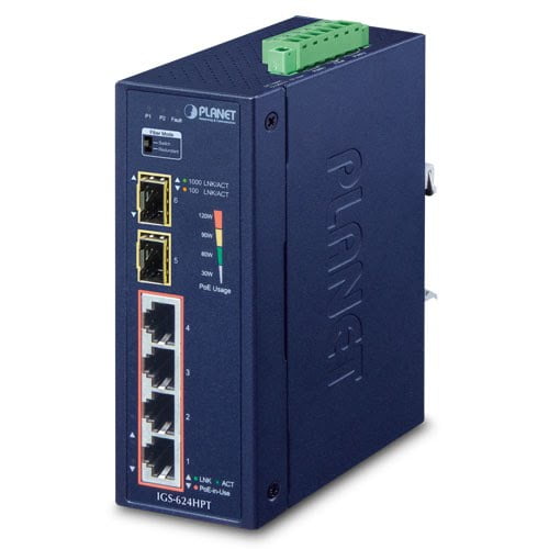 Industrial 4-Port 10/100/1000T 802.3at PoE + 2-Port 100/1000X SFP Ethernet Switch IGS-624HPT