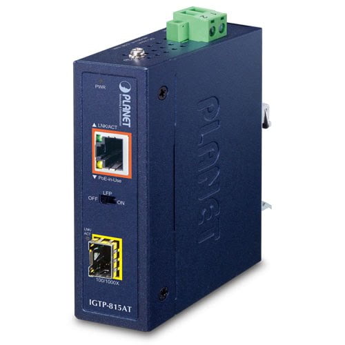 Industrial Compact 100/1000BASE-X to 10/100/1000BASE-T 802.3at PoE+ Media Converter IGTP-815AT