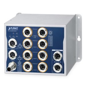 IP50 Industrial L2+ 8-Port 10/100/1000T 802.3at PoE M12 + 2-Port 10/100/1000T M12 Bypass Managed Ethernet Switch with Wide Voltage Input