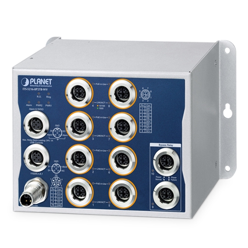 IP50 Industrial L2+ 8-Port 10/100/1000T 802.3at PoE M12 + 2-Port 10/100/1000T M12 Bypass Managed Ethernet Switch with Wide Voltage Input