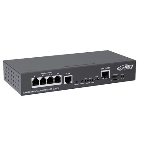 EC335t - Environmental controller (4 sensors, 4 dry contact inputs, 2 outputs 12V/250mA, optional extension modules). The EA314t 19'' 1U bracket needs to be ordered separately.