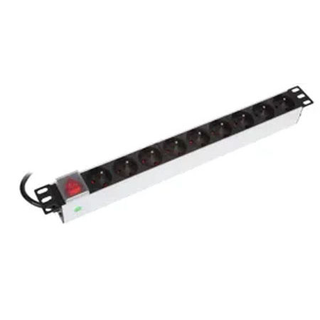 BKT power distribution unit 19", 9xDIN 49440(schuko), plug DIN 49441(unischuko) 16A/250V, red ON/OFF switch with blind, cable 2.5m