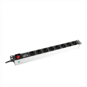 BKT power distribution unit 19", 8xDIN 49440(schuko), plug DIN 49441(unischuko) 16A/250V, red ON/OFF switch with blind + surge protection module, cable 2.5m