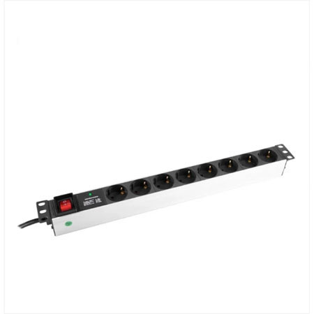 BKT power distribution unit 19", 8xDIN 49440(schuko), plug DIN 49441(unischuko) 16A/250V, red ON/OFF switch with blind + surge protection module, cable 2.5m