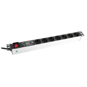 BKT power distribution unit 19", 7xDIN 49440(schuko), plug DIN 49441(unischuko) 16A/250V, red ON/OFF switch with blind + surge protection module with filter, cable 2.5m