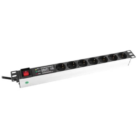 BKT power distribution unit 19", 7xDIN 49440(schuko), plug DIN 49441(unischuko) 16A/250V, red ON/OFF switch with blind + surge protection module with filter, cable 2.5m